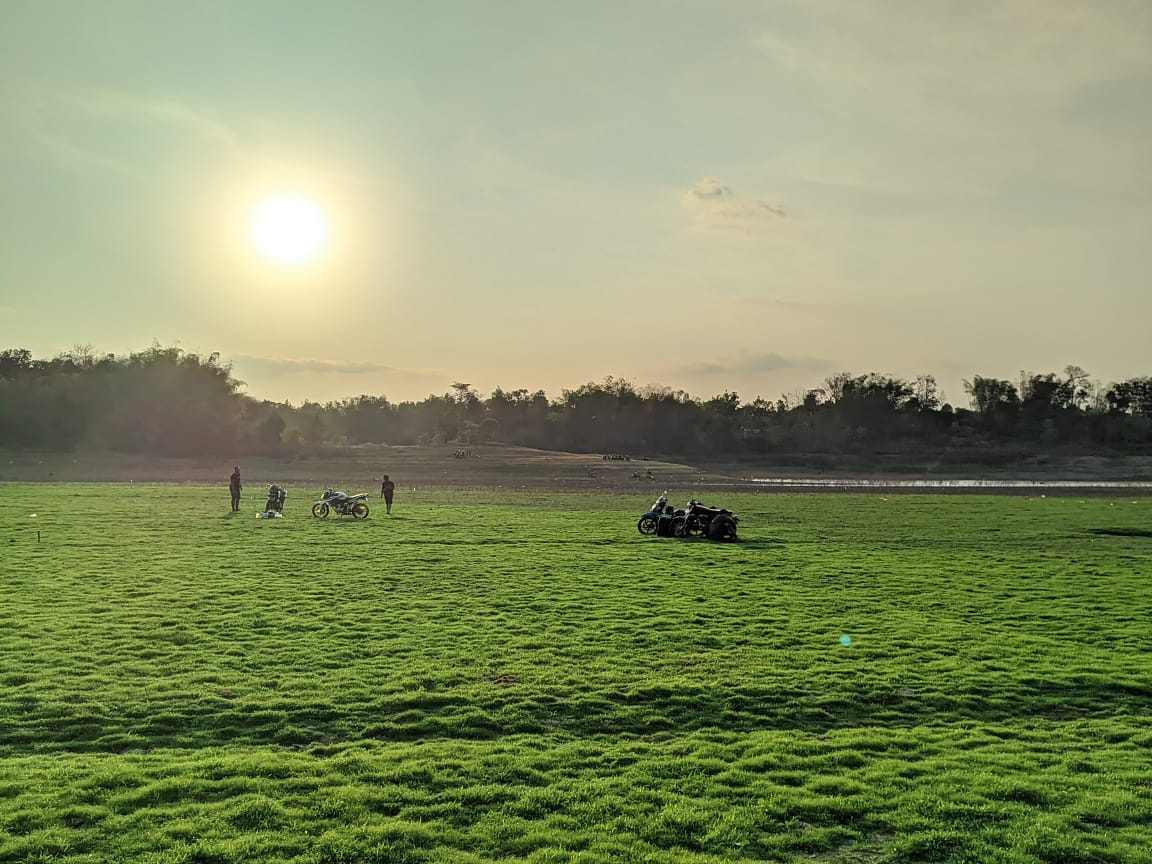 Menyusutnya debit air Waduk Tandon di Kecamatan Selogiri, Wonogiri menjadikan dasar waduk terlihat. Mulai tumbuh rumput hijau, Jumat (23/8/2024).