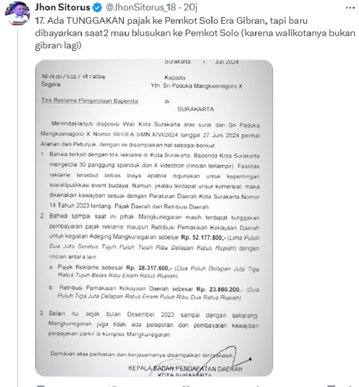 Tangkapan layar unggahan akun @JhonSitorus_18 di medsos X terkait surat tagihan pajak yang ditujukan kepada Mangkunegara X.