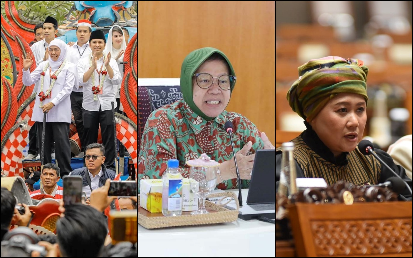 Khofifah Indar Parawansa (kiri), Tri Rismaharini, Luluk Nur Hamidah (kanan) bakal bertarung dalam alam Pilgub Jatim 2024.