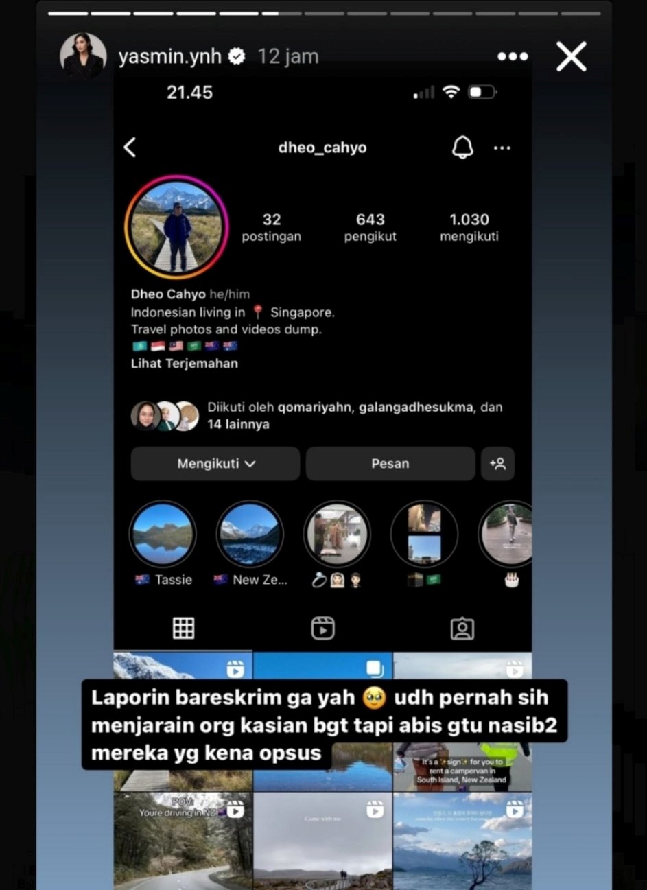 Unggahan Instastory Yasmin Nur yang mengancam Dheo Cahyo, sosok yang menyindir dirinya di media sosial X.