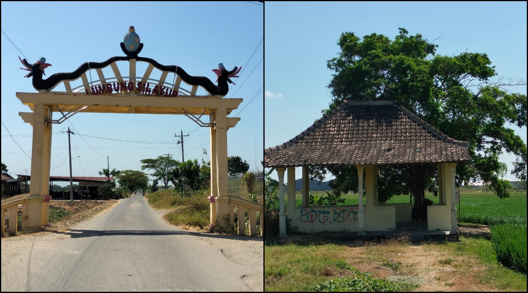 (Foto kiri) Gerbang masuk menuju Dusun Lumbung Silayur. (foto kanan) Eks lumbung peyimpanan pangan untuk Keraton Solo di Dusun Lumbung Silayur, Desa Parangjoro, Grogol.