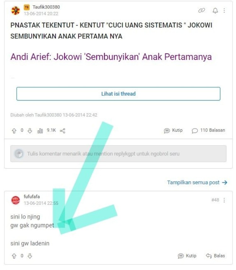 Tangkapan layar akun Fufufafa menanggapi Andi Arief soal anak pertama Jokowi,.
