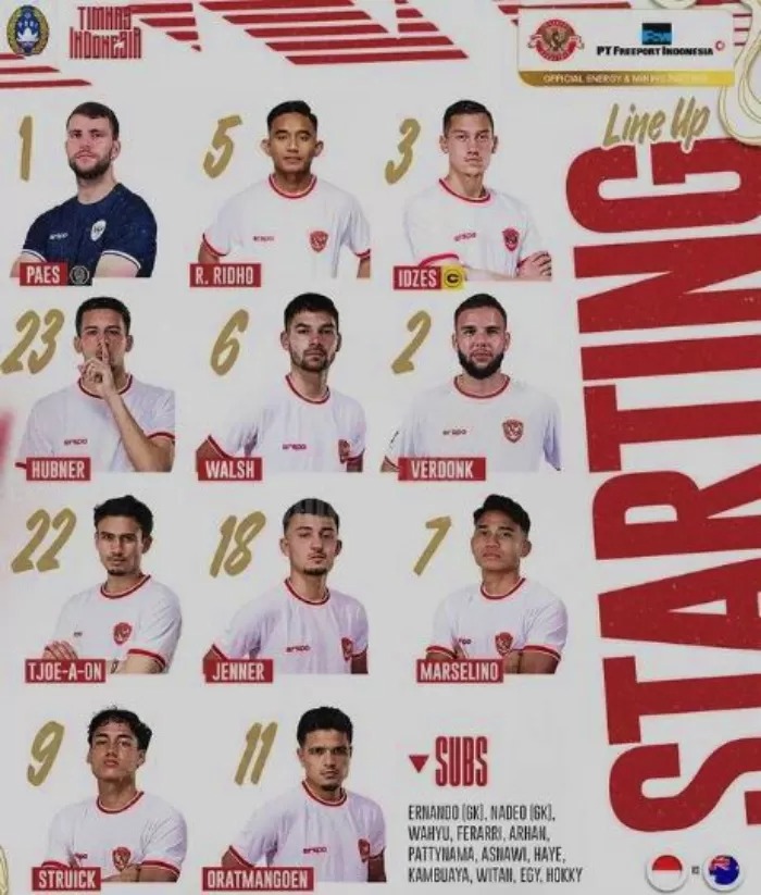 Starting eleven Timnas Indonesia kontra Australia. Peter Gontha mengkritik banyaknya pemain naturalisasi di skuad Garuda.
