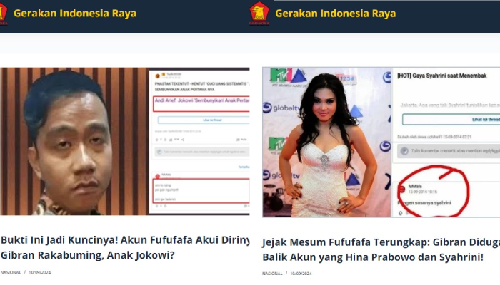 Potongan artikel tentang kontroversi akun Fufufafa diduga milik Gibran, yang dimuat di website gerindra.org.