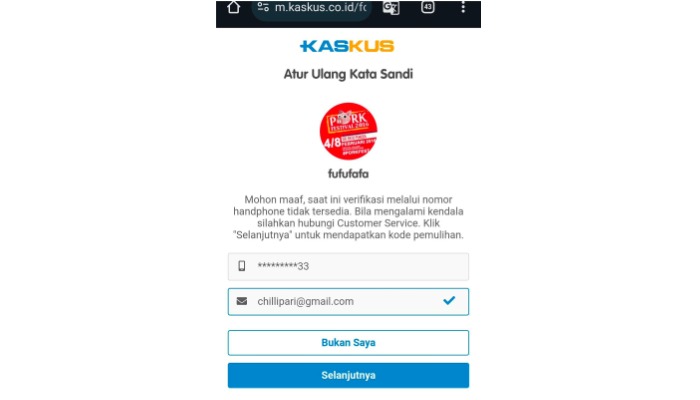 Tangkapan layar website Kaskus yang memuat informasi tentang pemulihan password akun Fufufafa.