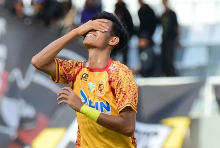 Ekspresi salah satu pemain Sriwijaya FC saat laga Liga 2 musim ini.