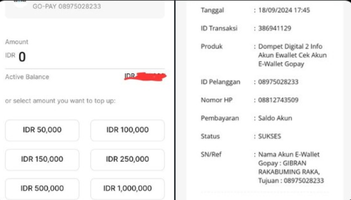 Tangkapan layar bukti transfer ke GoPay dan muncul nama Gibran Rakabuming Raka.
