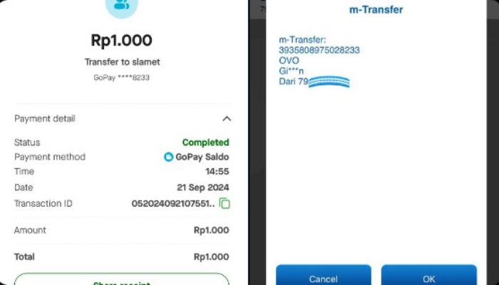 Bukti akun GoPay Gibran ganti nama jadi Slamet, di OVO masih dengan Gibran.