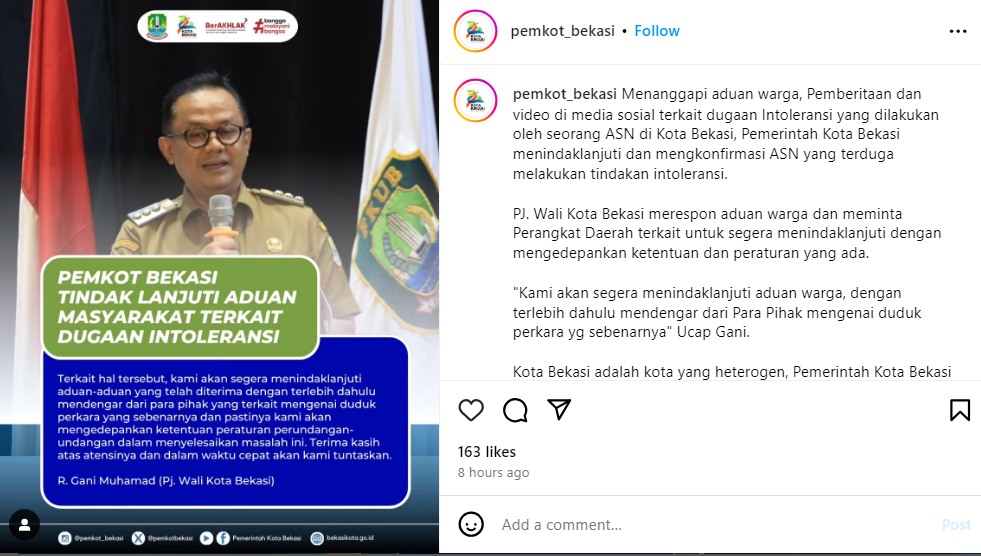 Unggahan Pemkot Bekasi menindaklanjuti ASN yang melakukan tindak intoleran.