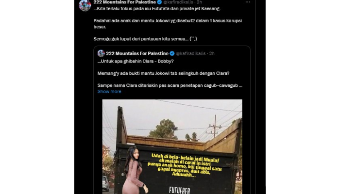 Postingan di akun X soal kritikan isu kedekatan Bobby Nasution dan Clara Wirianda.
