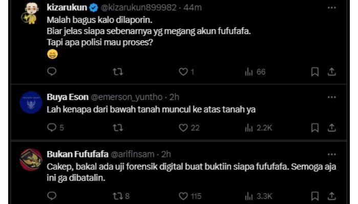 Cuitan netizen yang berharap polisi akan menyelidiki lebih dalam terkait pemilik akun Fufufafa.