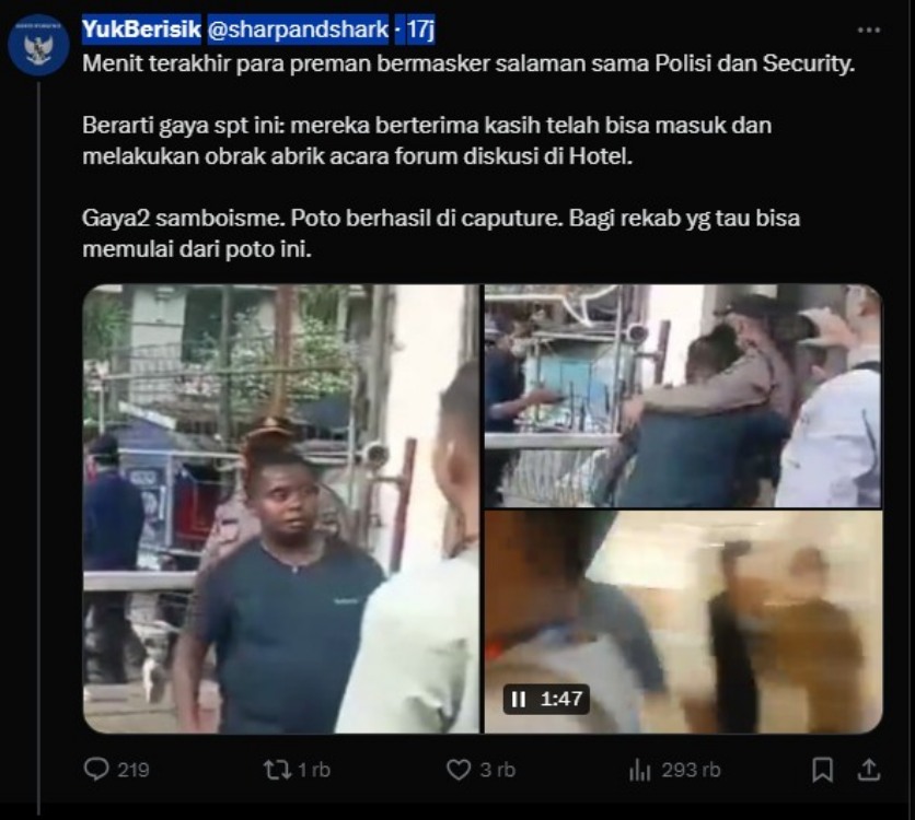 Screenshot yang meduga preman bersalaman dengan pihak keamanan dan polisi usai melakukan aksi premanisme.