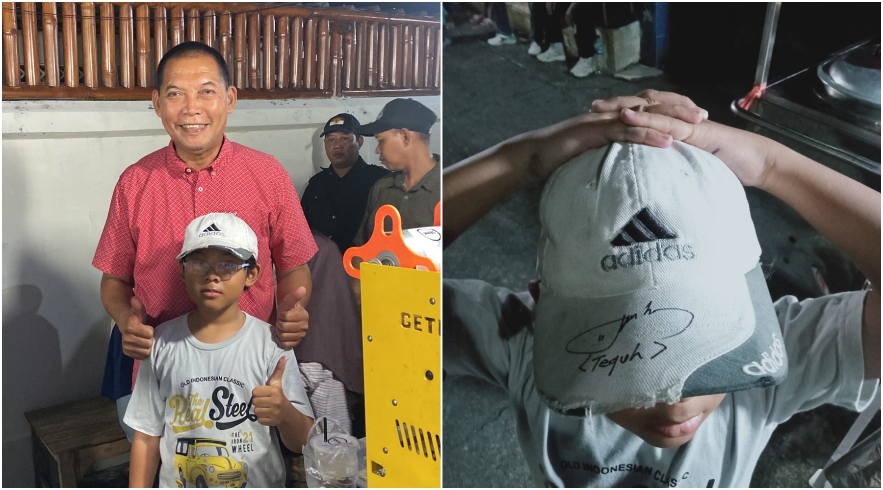 Calon wali kota nomor urut 1 Teguh Prakosa bersama Akbar di Tiba-Tiba Bazar, Wirengan, Sabtu (28/9/2024). Bocah ini minta tanda tangan Teguh di topi yang ia kenakan.