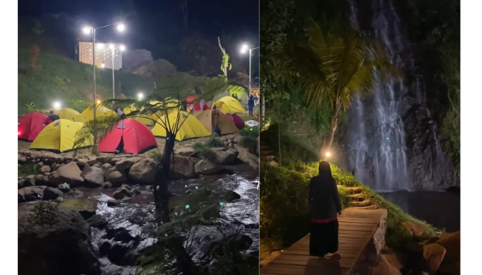 Suasana camping di Ngargoyoso Waterfall dengan view air terjun.
