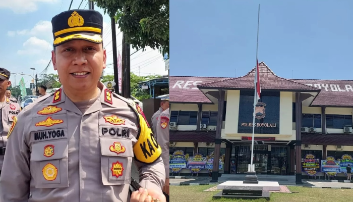 Kapolres Boyolali AKBP Muhammad Yoga Buana Dipta Ilafi semasa hidup (kiri). Pengibaran bendera setengah tiang di Polres Boyolali, Senin (7/10).