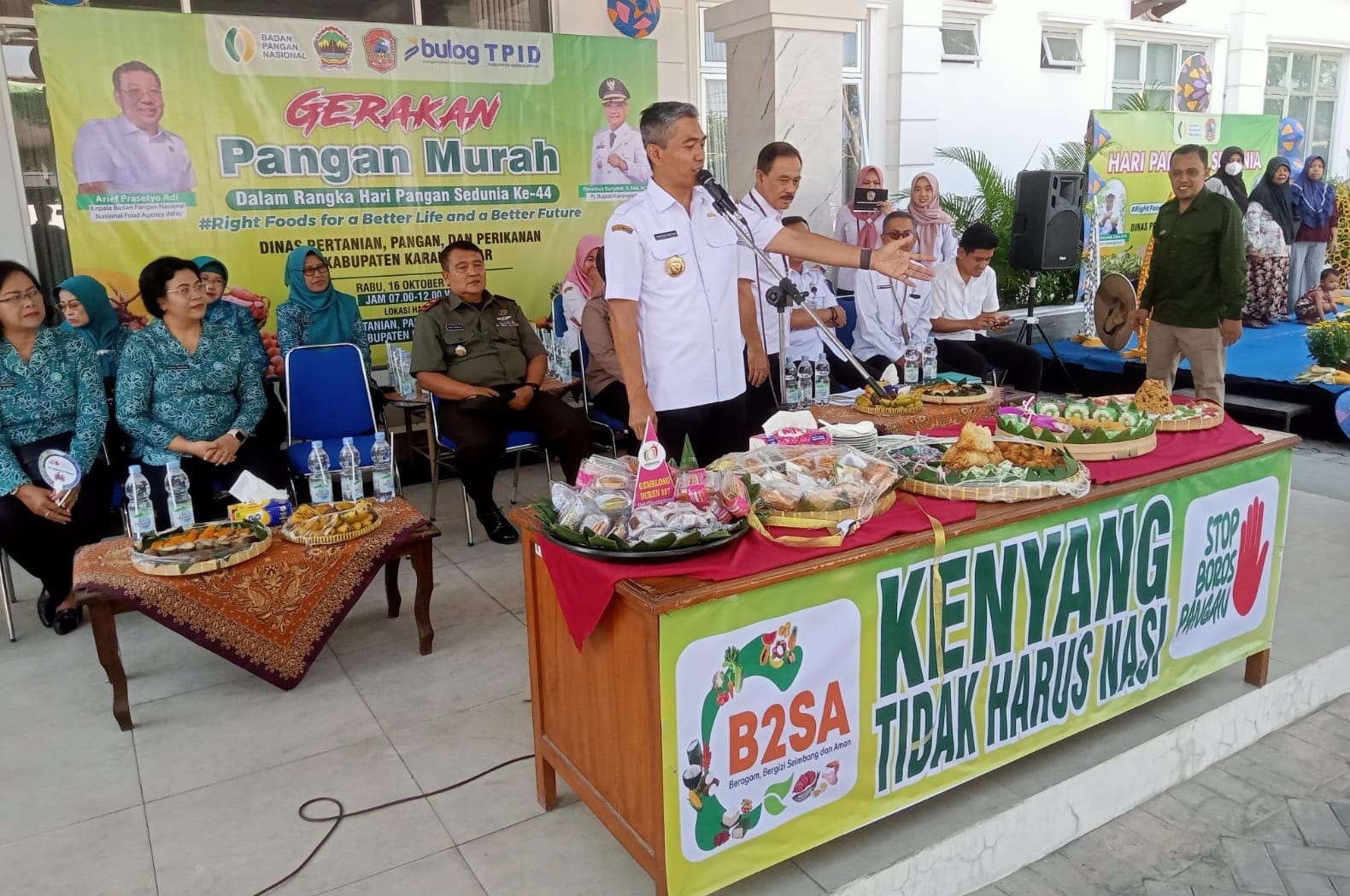 Pj Bupati Karanganyar Timotius Suryadi gelorakan gerakan Kenyang Tidak Harus Nasi pada peringatan Hari Pangan Sedunia 2024, Rabu (16/10/2024).