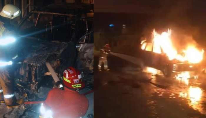 Kondisi mobil Avanza usai terbakar, serta petugas Damkar Solo saat berupaya memadamkan api.