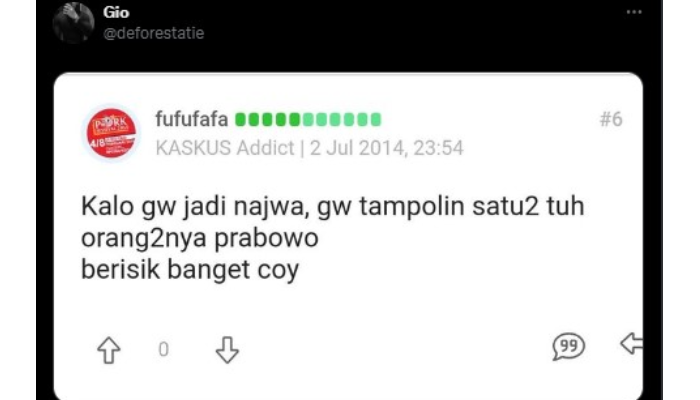 Postingan lawas Fufufafa yang jadi sorotan netizen.