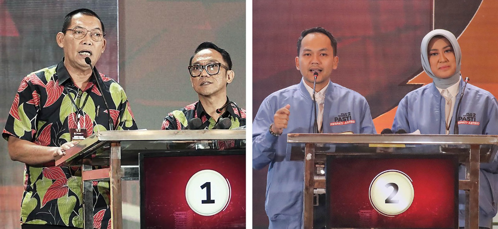 Paslon nomor urut 1 teguh Prakosa-Bambang Gage (kiri) bersama paslon nomor urut 2  Respati Ardi-Astrid saat acara debat perdana Pilkada Solo 2024, Kamis malam (31/10/2024).