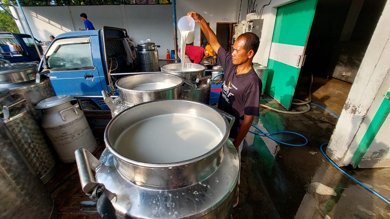 Aktivitas bongkar muat susu sapi di UD Pramono di Desa Singosari, Kecamatan Mojosongo, Boyolali, Kamis (31/10/2024).
