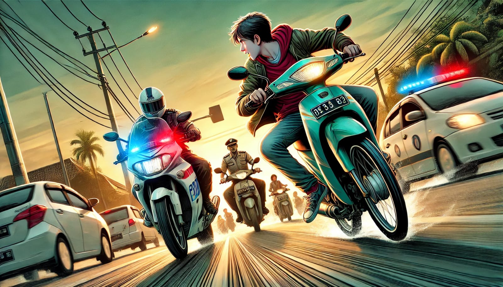 Ilustrasi pengendara motor yang dikejar polisi karena bekendara ugal-ugalan.