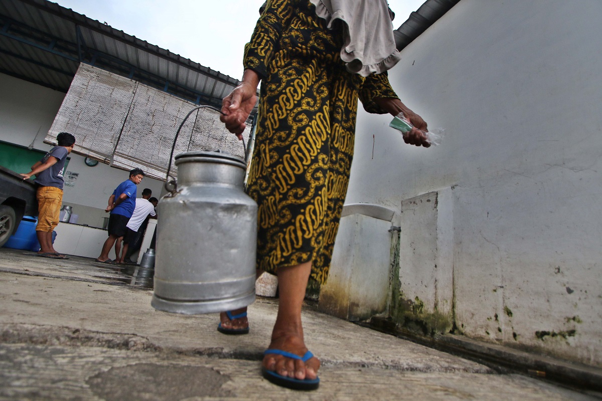 Peternak sapi perah usai menjual susu ke UD Pramono yang kini terancam tutup.