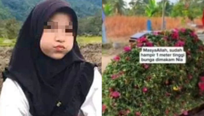 Mendiang Nia Kurnia Sari dan makamnya yang penuh taburan bunga.