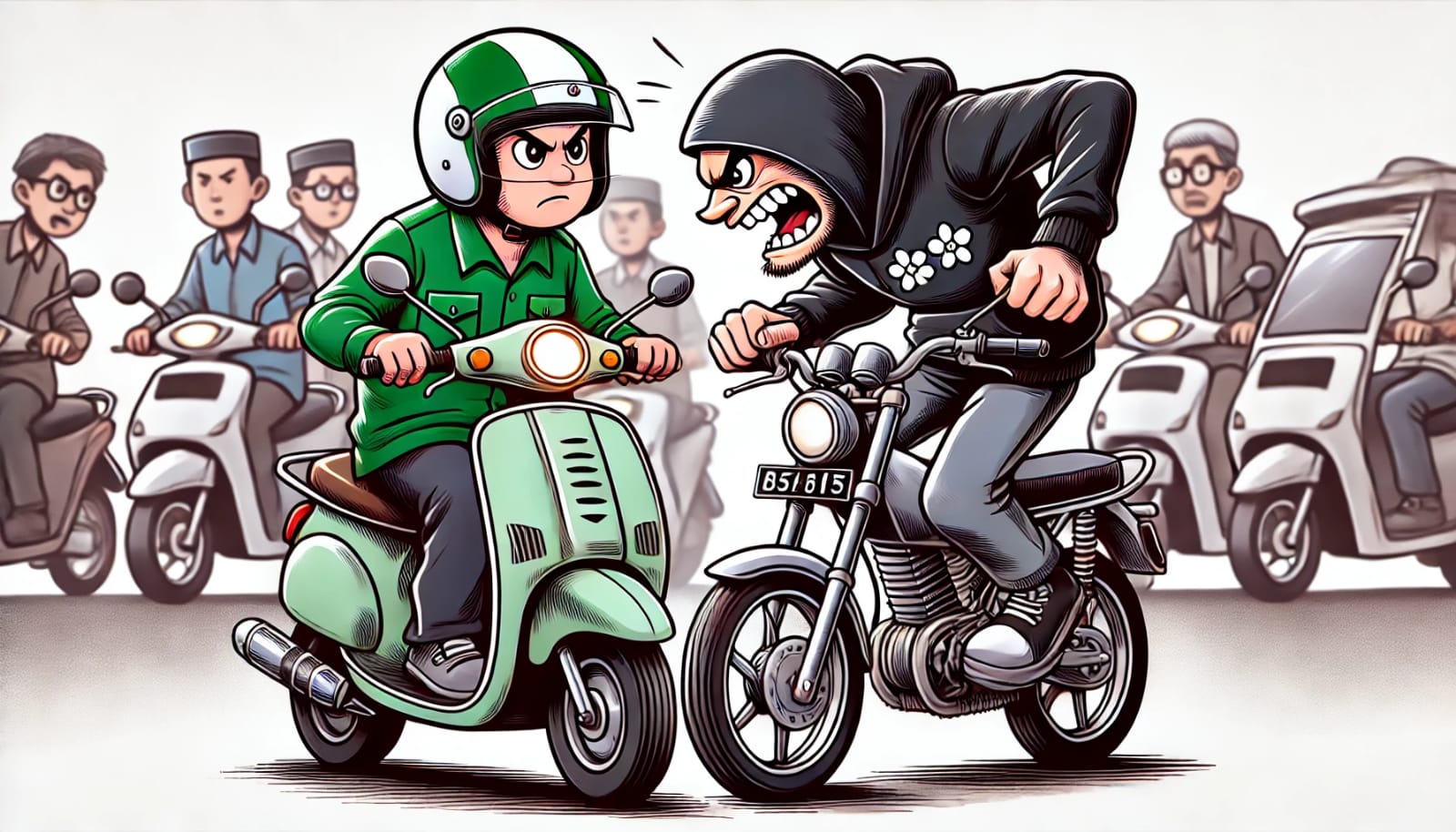 Ilustrasi pengendara motor bersitegang dengan ojek online atau ojol di jalanan.