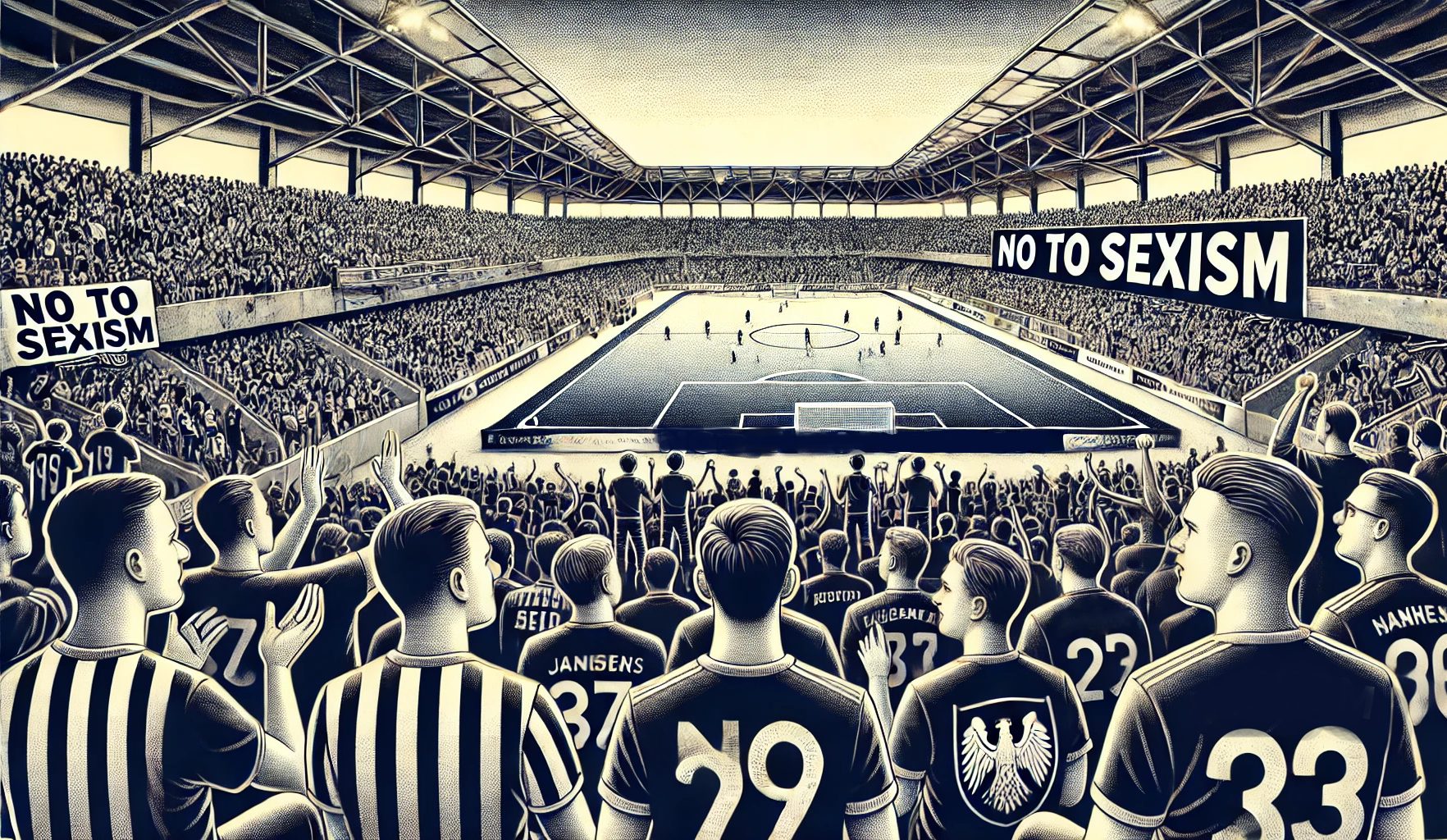 Suasana pertandingan sepak bola yang dipenuhi suporter. Terdapat spanduk sosialisasi tentang himbauan bahwa tidak ada ruang untuk seksisme.