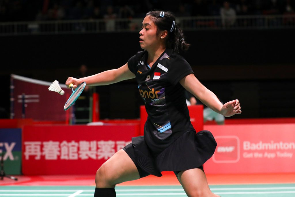 Gregoria Mariska sukses melaju mulus di langkah perdananya di ajang Kumamoto Masters 2024 di Kumamoto Prefectural Gymnasium, Jepang, 13 November 2024.