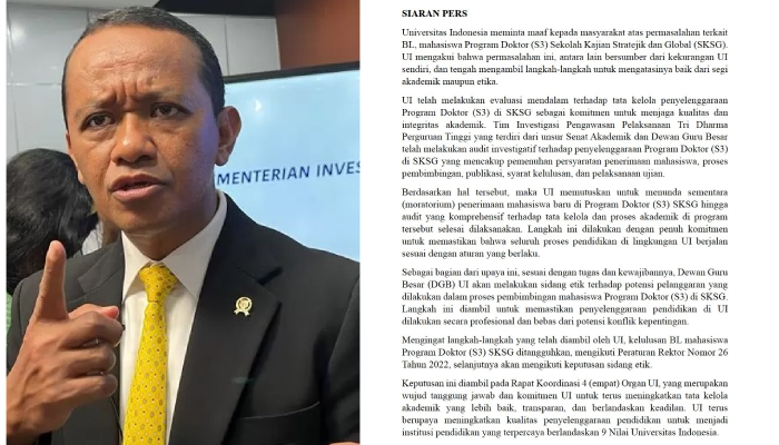 Menteri ESDM Bahlil Lahadalia dan rilis UI terkait pencabulan kelulusan program doktor Bahlil.
