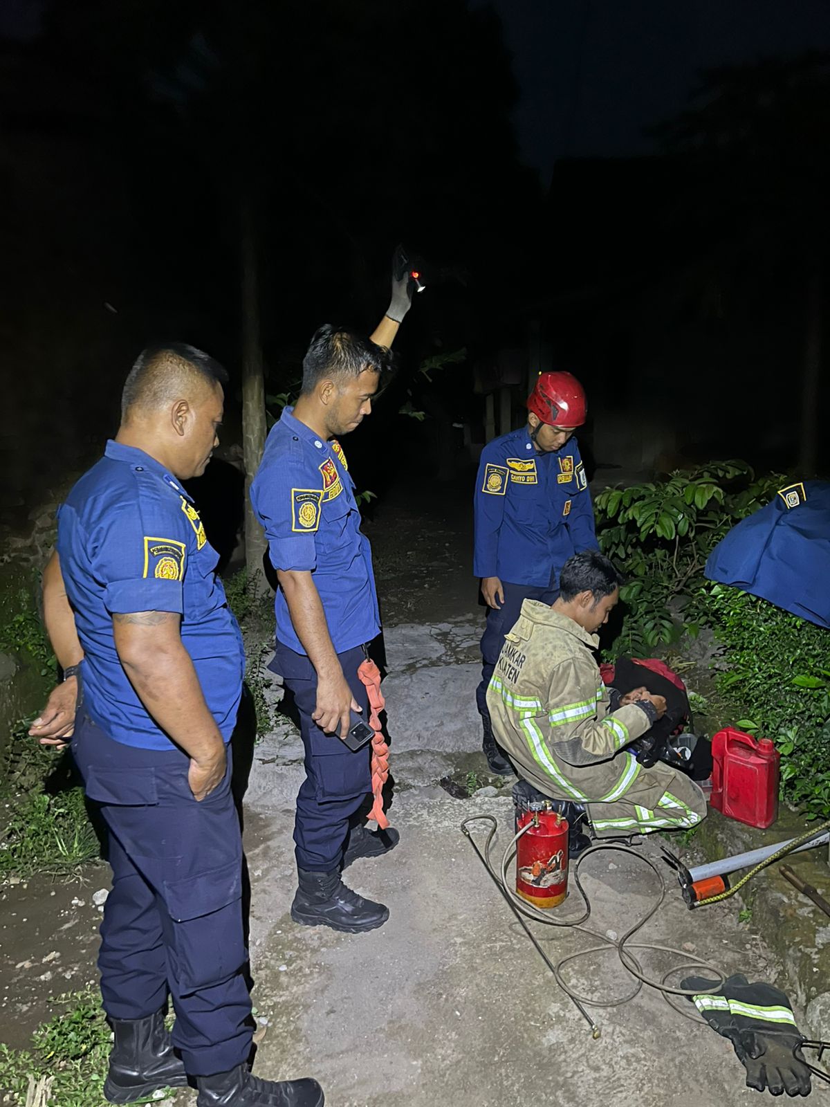 Personel Damkar Klaten bersiap memusnahkan sarang tawon vespa affinis di Kecamatan Jatinom, Jumat (15/11/2024).