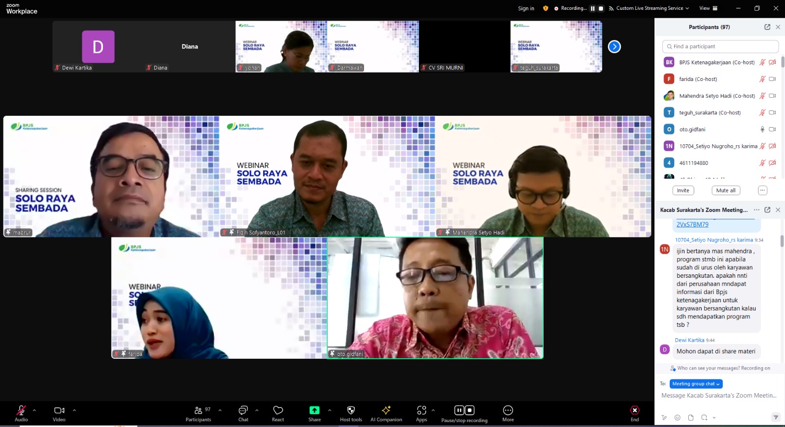 Sosialisasi  penanganan kecelakaan kerja melalui Pusat Layanan Kecelakaan Kerja digelar BPJS Ketenagakerjaan Surakarta lewat Zoom.