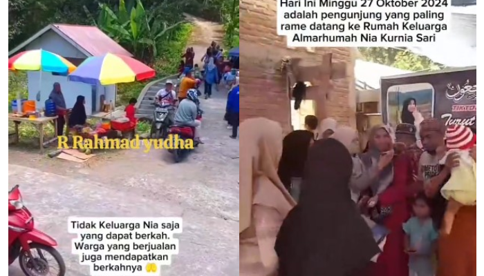 Para tetangga Nia Kurnia Sari yang berjualan di sekitar rumah keluarga almarhumah (kiri). Para pengunjung berfoto di rumah keluarga almarhumah.