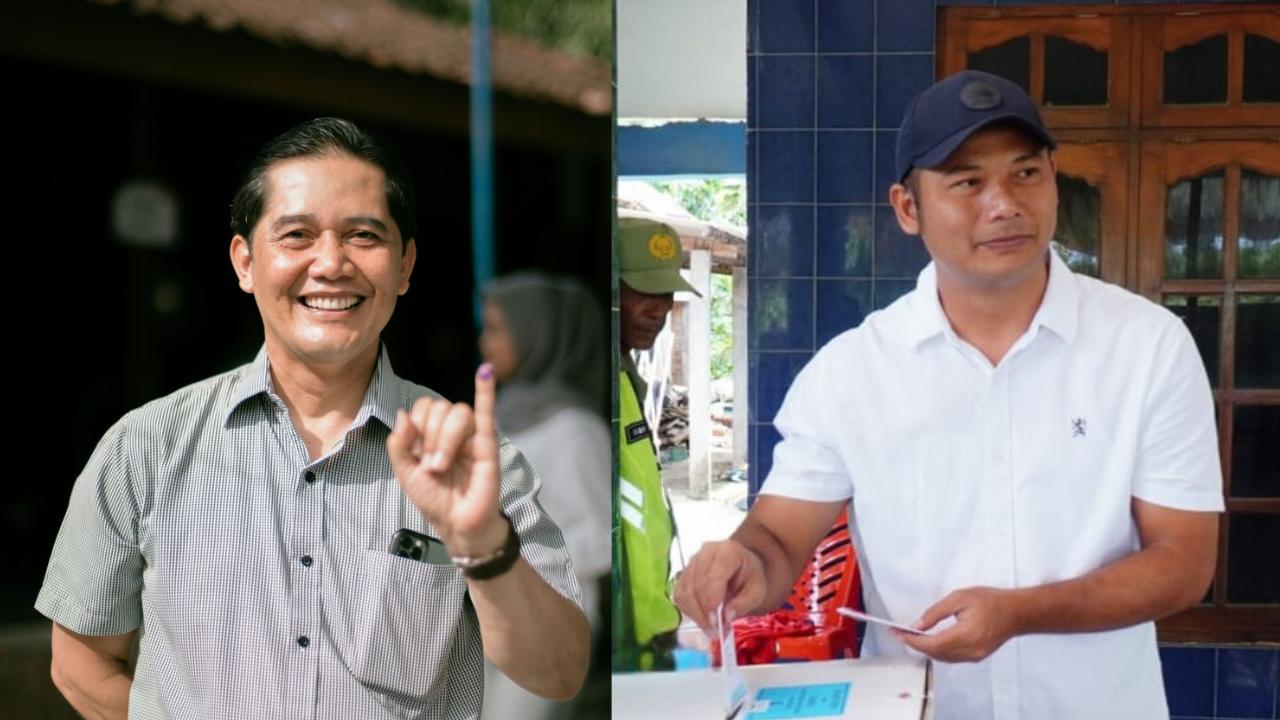 Cabup Boyolali Marsono (kiri) dan Cabup Boyolali Agus Irawan saat menggunakan hak pilihnya, Rabu (27/11/2024).