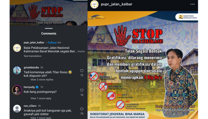 Akun Instagram @pupr_jalan-kalbar diserbu netizen.