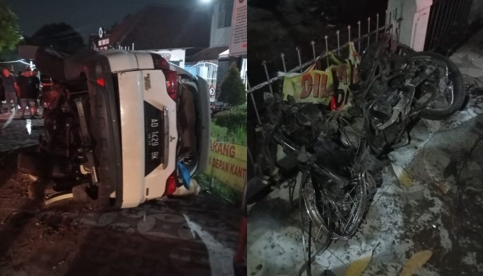 Mobil dan motor yang terlibat kecelakaan maut di Jl dr Radjiman, Laweyan, Solo, Sabtu (14/12) dini hari.