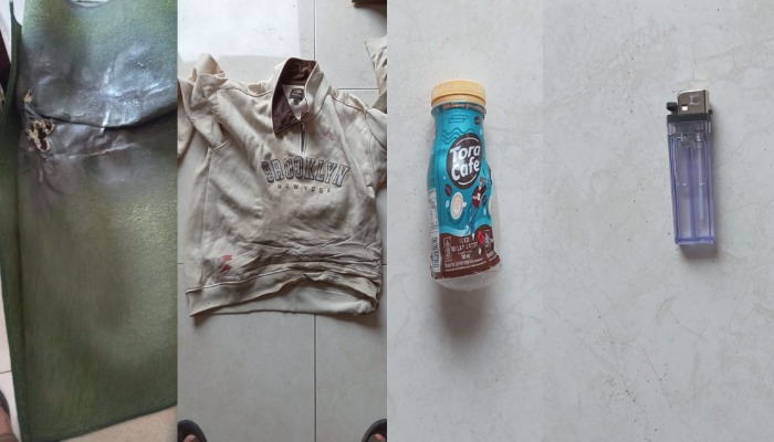 Barang bukti kasus santri Ponpes Darusy Syahadah Boyolali yang dibakar. Dari kiri karpet terbakar, kaos yang dikenakan korban, botol plastik wadah Pertalite, dan korek api.