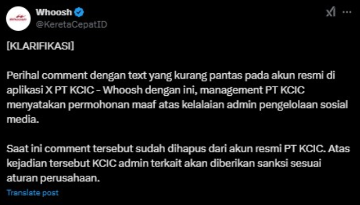 Klarifikasi dan permintaan maaf PT KCIC atas komentar kasar admin akun X Whoosh terhadap Patrick Kluivert.