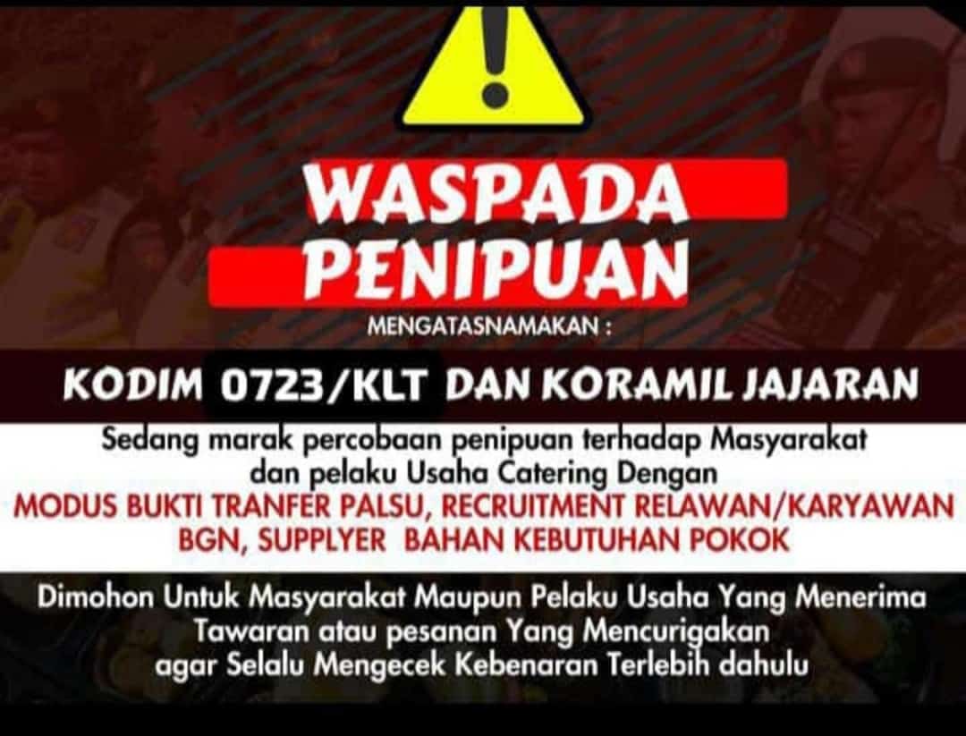 Flyer imbauan Kodim 0723/Klaten untuk mewaspadai aksi penipuan terkait program makan bergizi gratis. (Angga Purenda/Radar Solo)