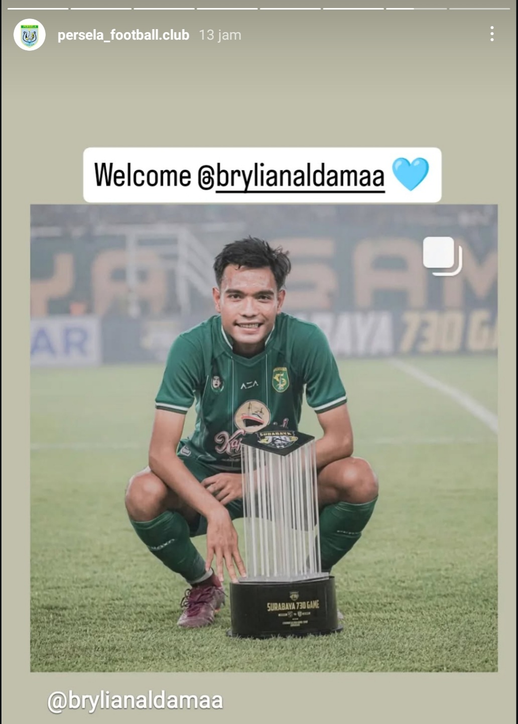Postingan soal Brylian Aldama di akun medsos Persela Lamongan.