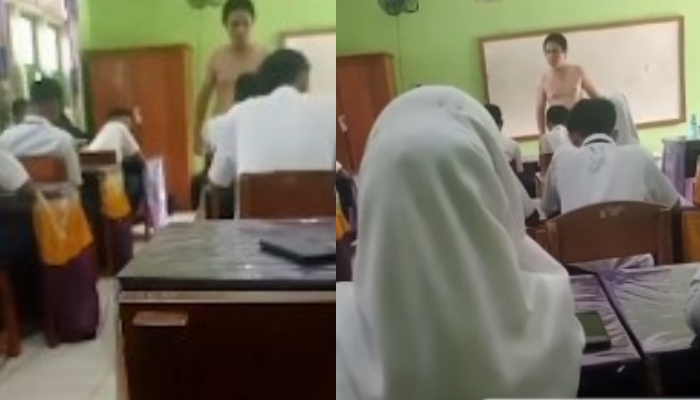 Tangkapan layar guru honorer di SMPN 3 Banjar Baru, Lampung yang buka baju sambil marah-marah dan tantang siswa.