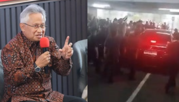 Mendiktisaintek Satryo Soemantri Brodjonegoro kanan). Serta mobil dinas RI 25 yang ditumpangi Satryo dicegat para pegawai saat demo.