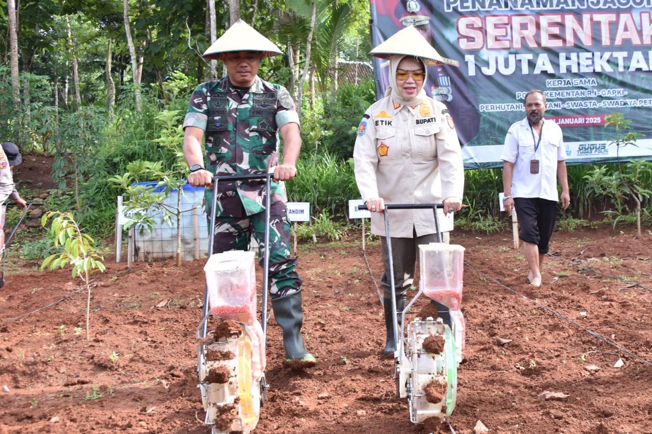Komandan Kodim 0726/Sukoharjo Letkol Inf Supri Siswanto bersama Bupati Sukoharjo Etik Suryani dalam kegiatan penanaman jagung di Desa Sanggang, Selasa (21/1/2025).