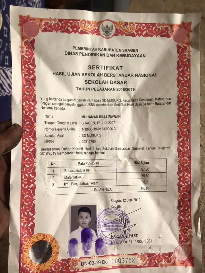 Surat Keterangan Hasil Ujian (SKHU) SDN 2 Musuk, Sragen yang jadi bungkus makanan. (Ist)