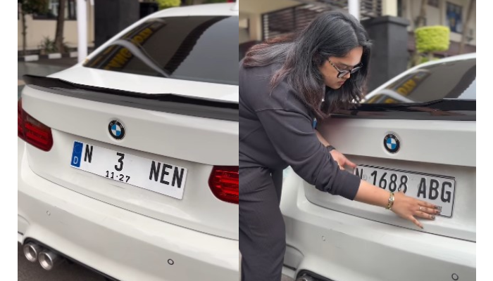 Mobil sedan BMW putih yang viral pakai plat nomor vulgar (kiri). Pelaku pengemudi yang diamankan polisi dan diminta mengganti plat nomor asli.