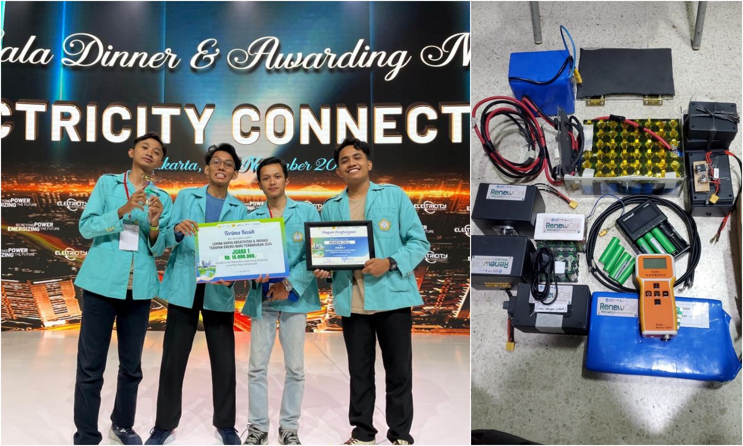 (kanan) RenewCell, baterai lithium rekondisi karya mahasiswa teknik elektro UNS. (kiri) RenewCell juara 1 Lomba Karya Kreativitas dan Inovasi Terapan Energi Baru Terbarukan 2024