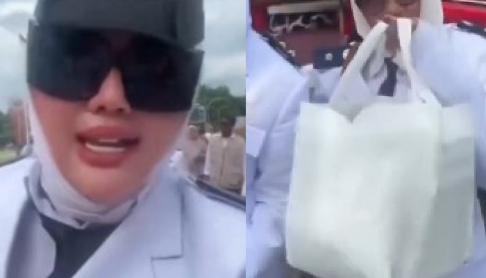 Tangkapan layar Kades&nbsp;Gunung Menyan, Kecamatan Pamijahan Wiwin Komalasari saat tertawa menerima berkat nasi kotak atau jomet di acara pelantikan Bupati-Wabup Bogor.&nbsp;