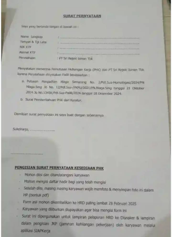 Form surat terkait PHK buruh PT Sritex.