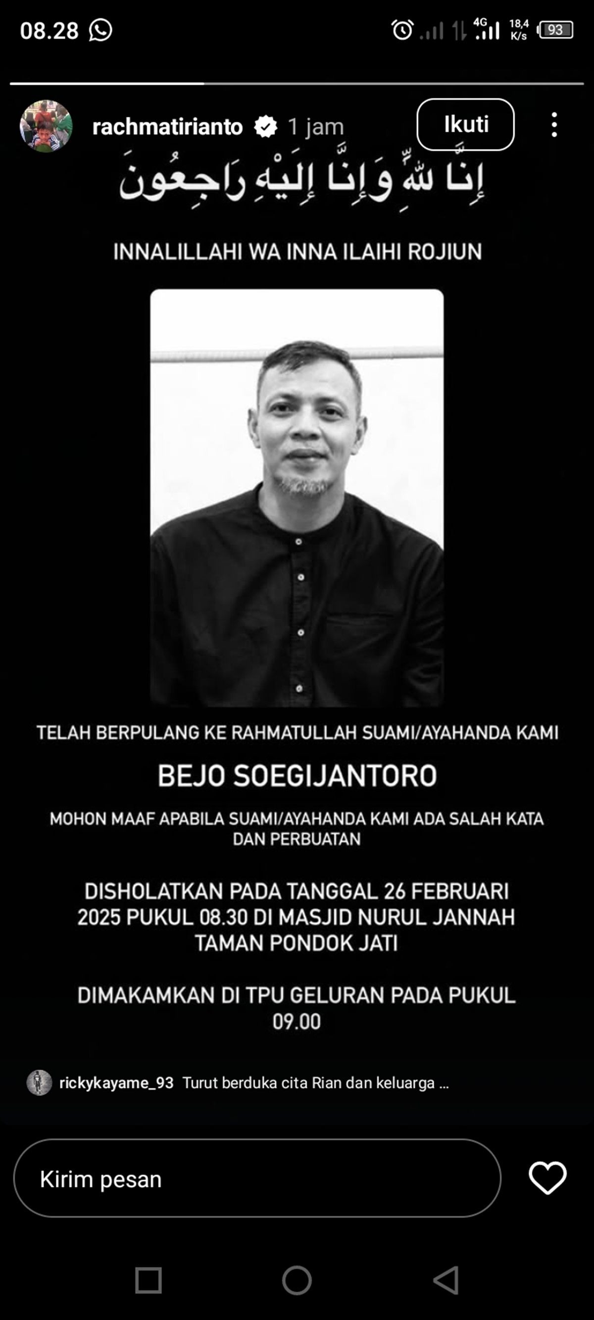 Ungkapan bela sungkawa dari putra Bejo Sugiantoro, Rachmat Irianto.
